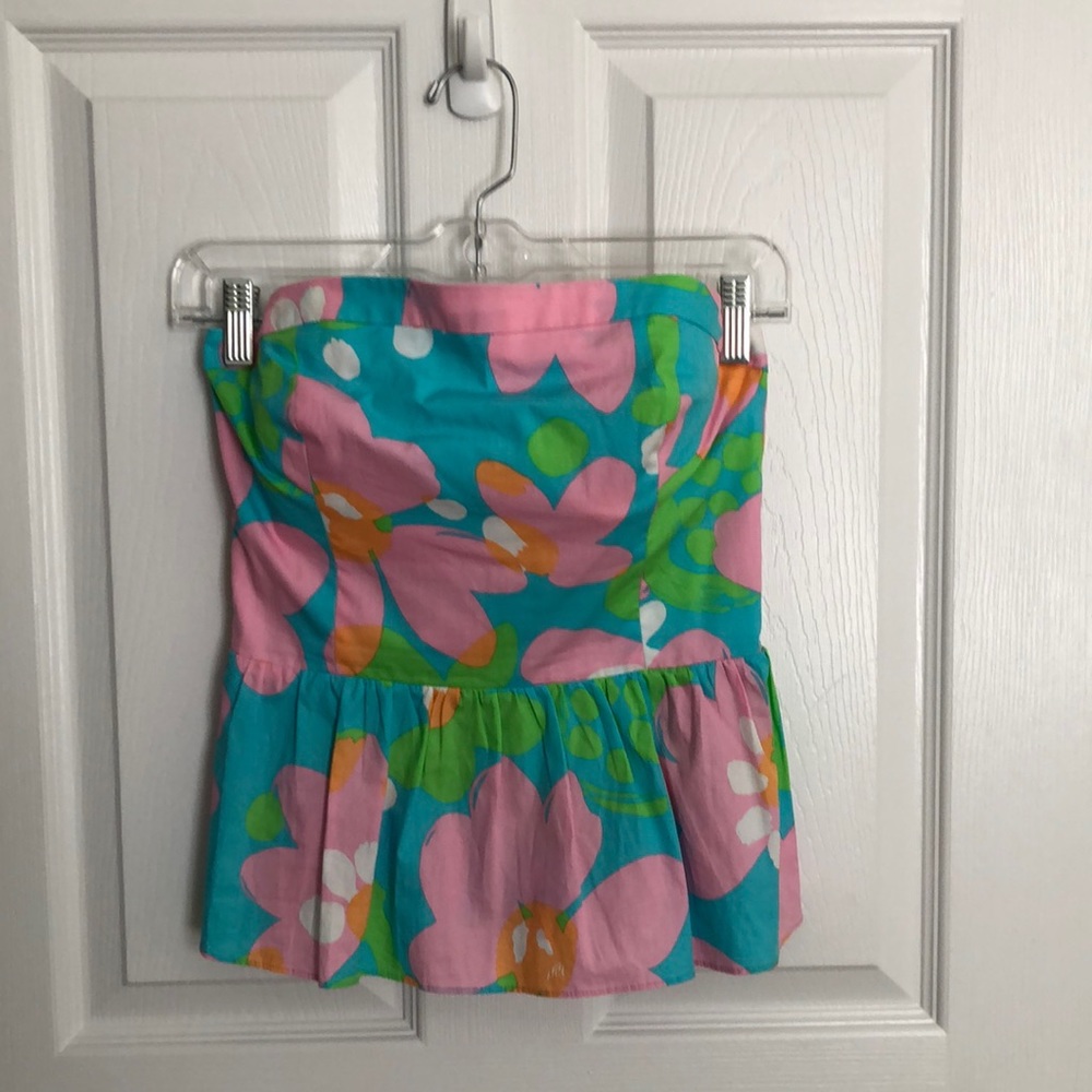 Lilly Pulitzer Strapless Peplum Shandy Mojo Blue Top Size 2